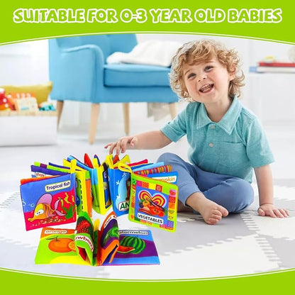 Intellibaby 6-Book Set – Soft Sensory Cloth Books for Babies, Crinkle Sound & Washable, Early Learning Themes Animals,Fruits,Numbers,Non-Toxic & Educator Recommended,Gift for Babies & Toddlers